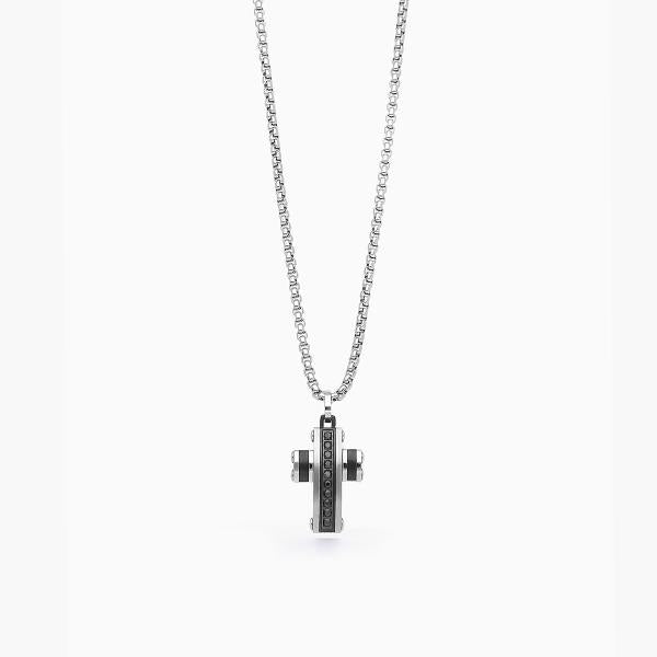 Collana 2Jewels uomo Croce bicolore e cristalli neri