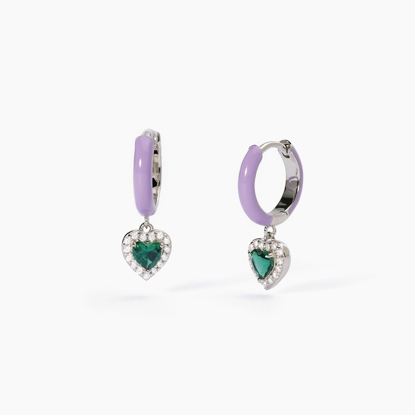 Orecchini a cerchio Mabina donna Smalto viola e cuore con smeraldo Love affair