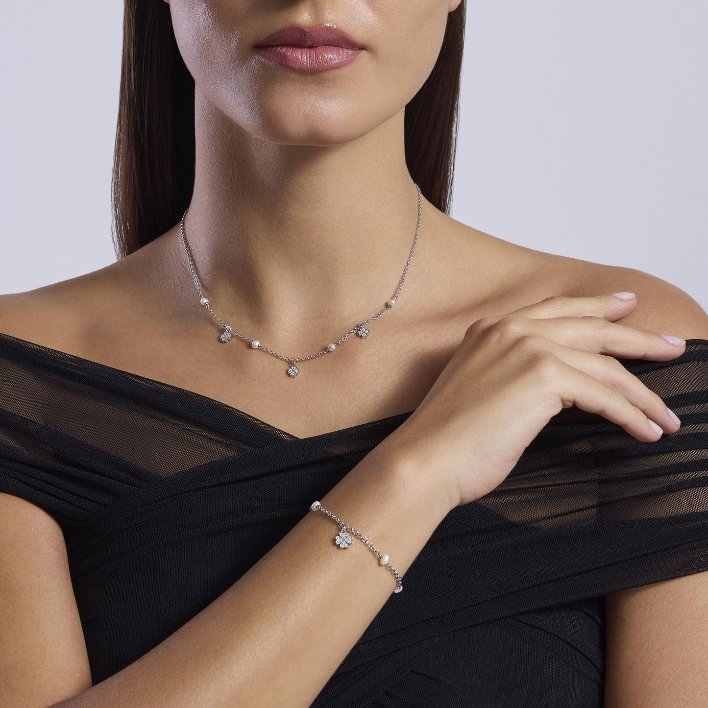 Collana Mabina donna Quadrifogli e perle