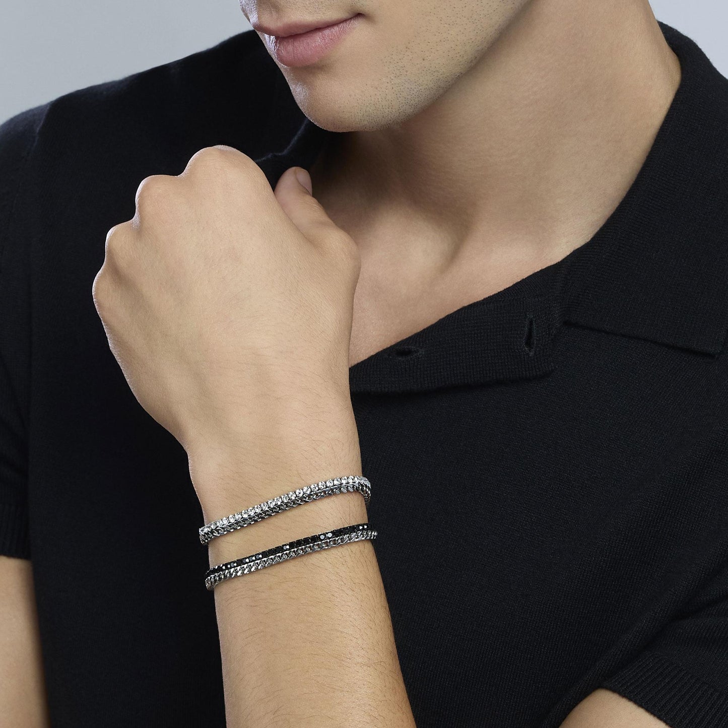 Bracciale Kidult Style uomo Catena intreccio e tennis con cristalli neri