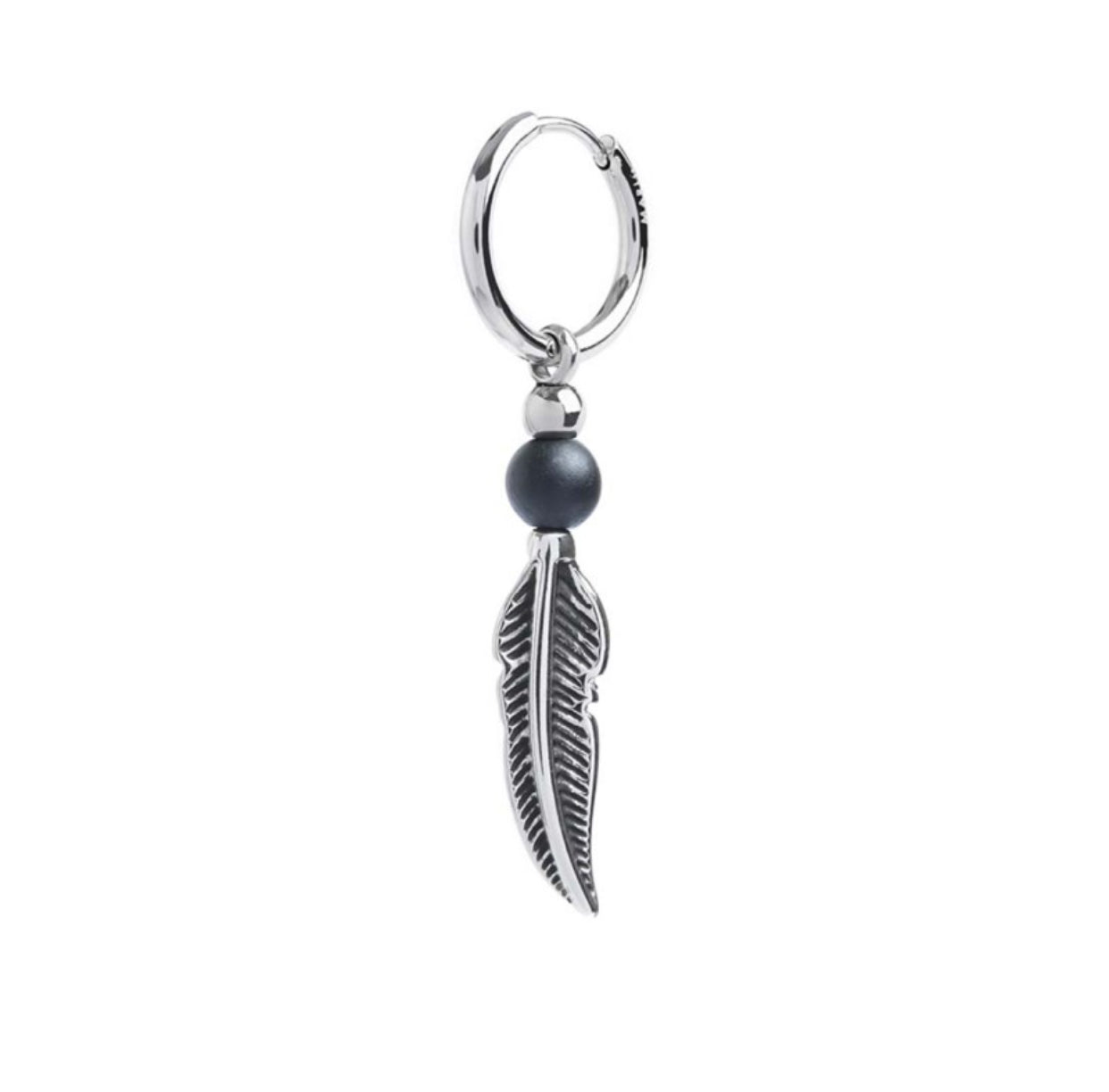 Mono orecchino Marlù a cerchio con sfera onice e piuma pendente
