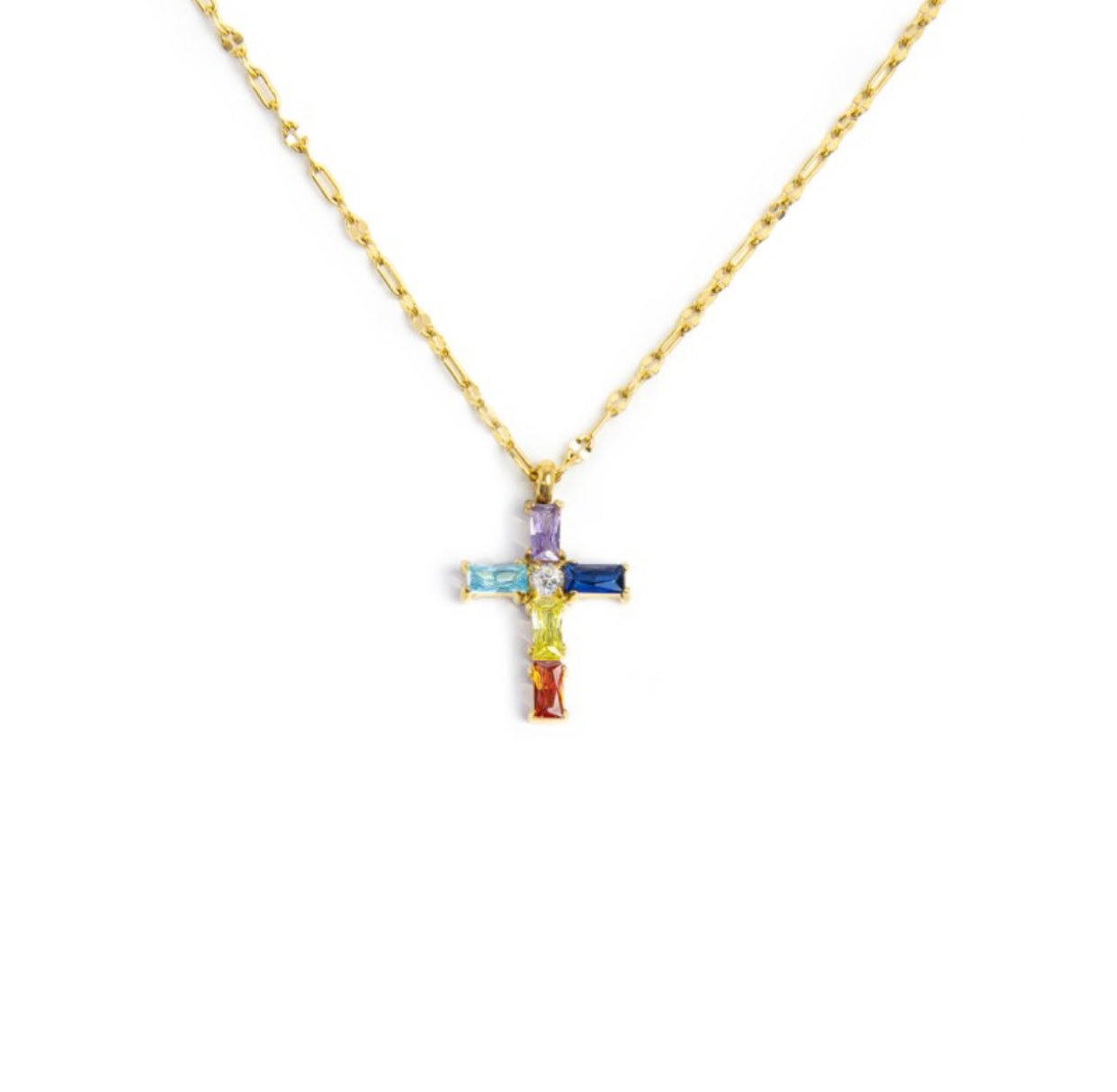 Collana Marlù Collana croce pendente con cristalli baguette gold rainbow