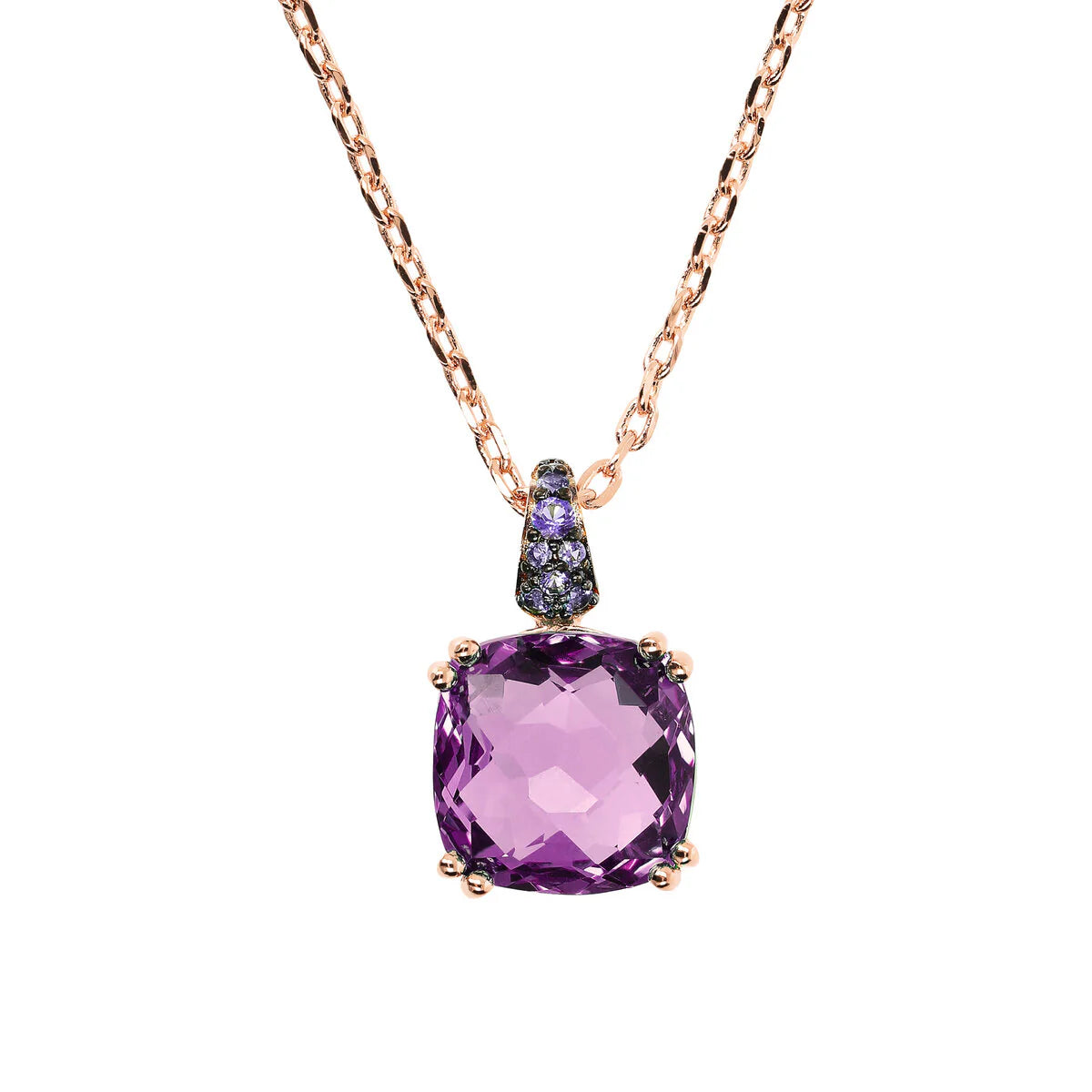 Collana Bronzallure Catena Rolo con Prisma Gem Quadrata e Pavé Ametista