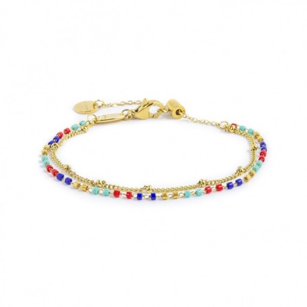 BRACCIALE DOPPIA CATENA GRUMETTA CON SFERE E MIYUKI MULTICOLORE PVD ORO