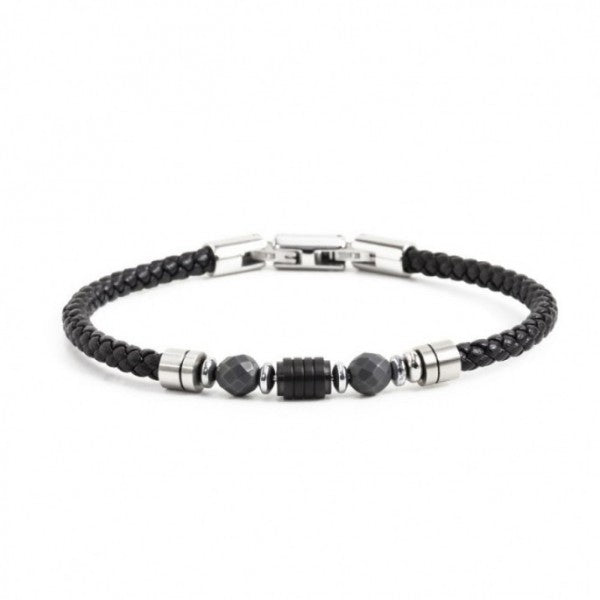 Bracciale Marlù uomo ecopelle nera con elemento in acciaio pvd nero