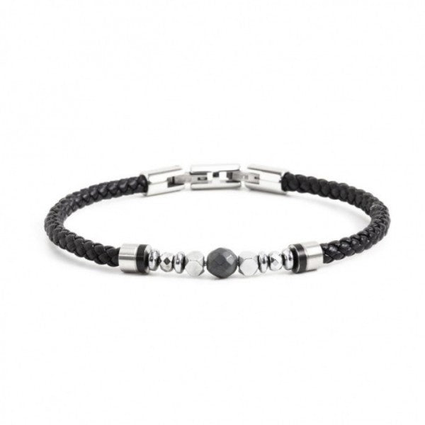 Bracciale Marlù uomo ecopelle nera con sfera in ematite grigia