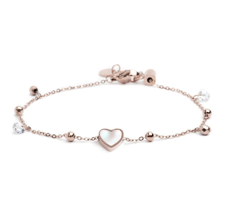 BRACCIALE MARLÙ CUORE MADREPERLA CON PENDENTI EMATITE E CRISTALLI PVD ROSE'