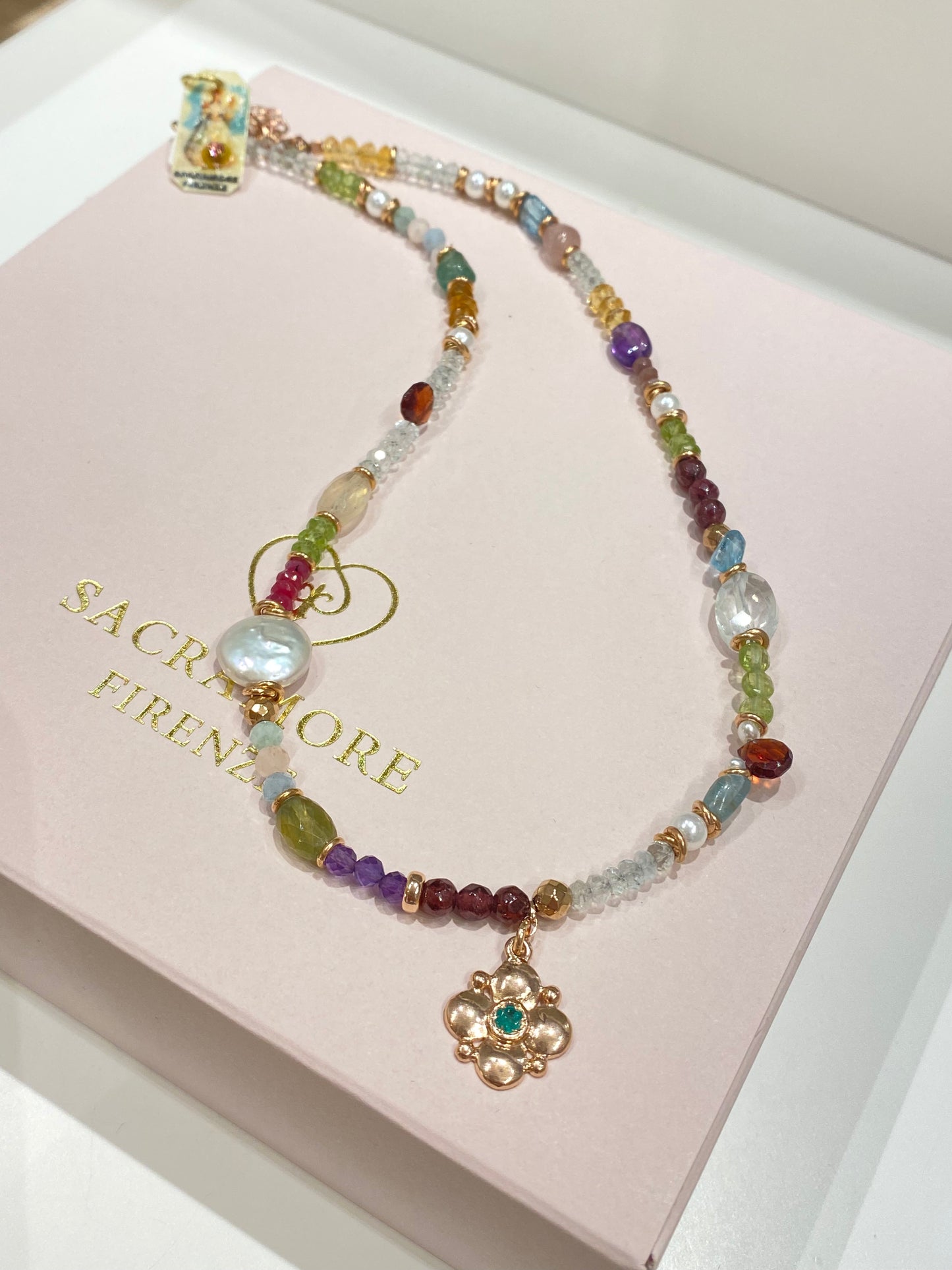 Collana Sacramore Pietre naturali, Perla, Quadrifoglio con smeraldo