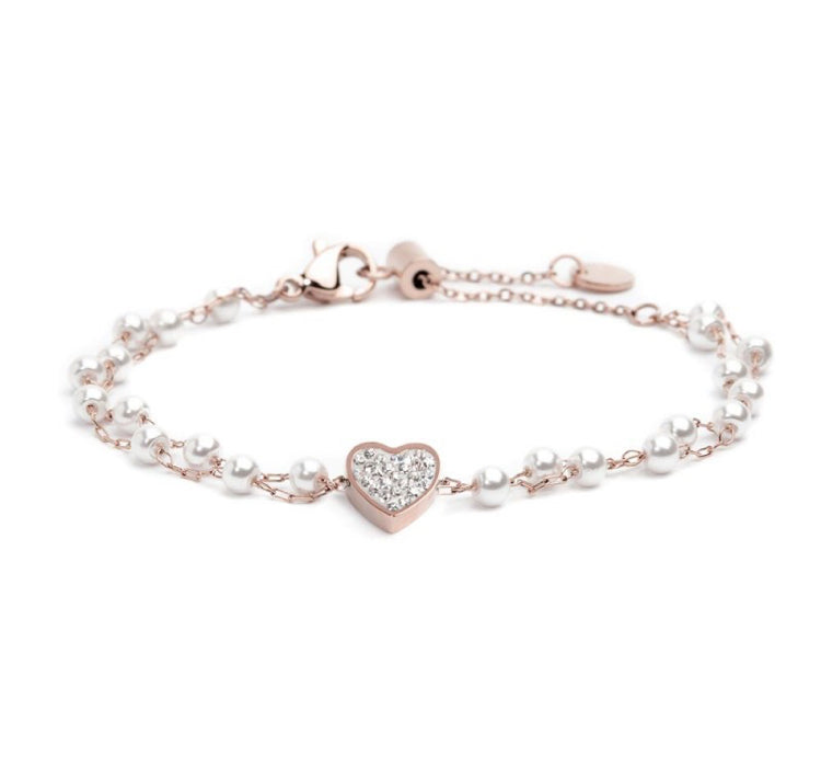 BRACCIALE MARLÙ DOPPIA CATENA PERLE CUORE CRISTALLI PVD ROSE'