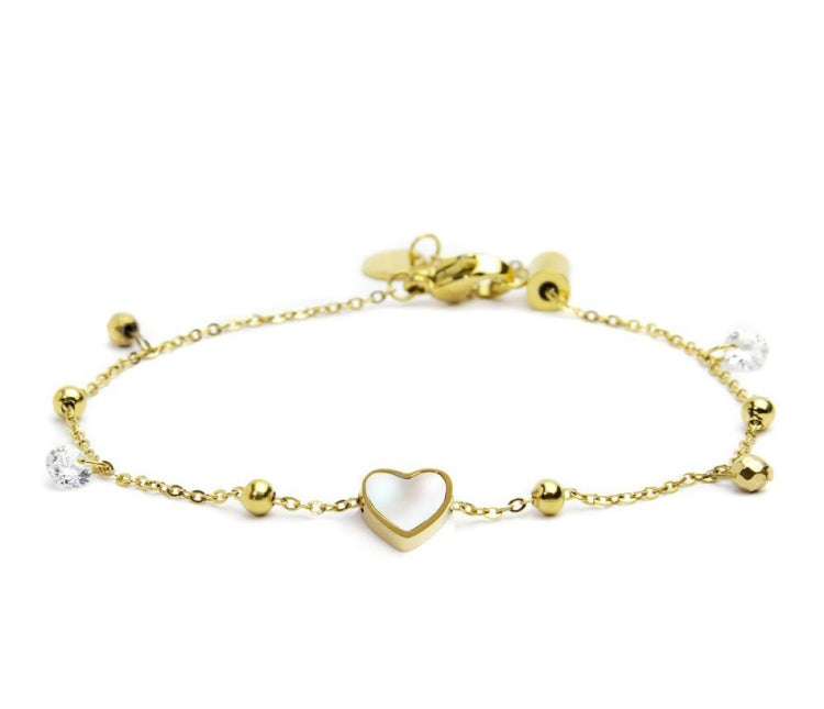 BRACCIALE MARLÙ CUORE MADREPERLA CON PENDENTI EMATITE E CRISTALLI PVD ORO