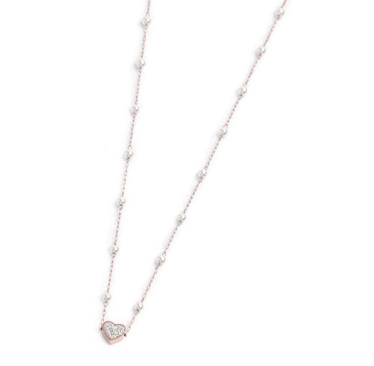 COLLANA MARLÙ CATENA CON PERLE E PENDENTE CUORE CRISTALLI PVD ROSE'