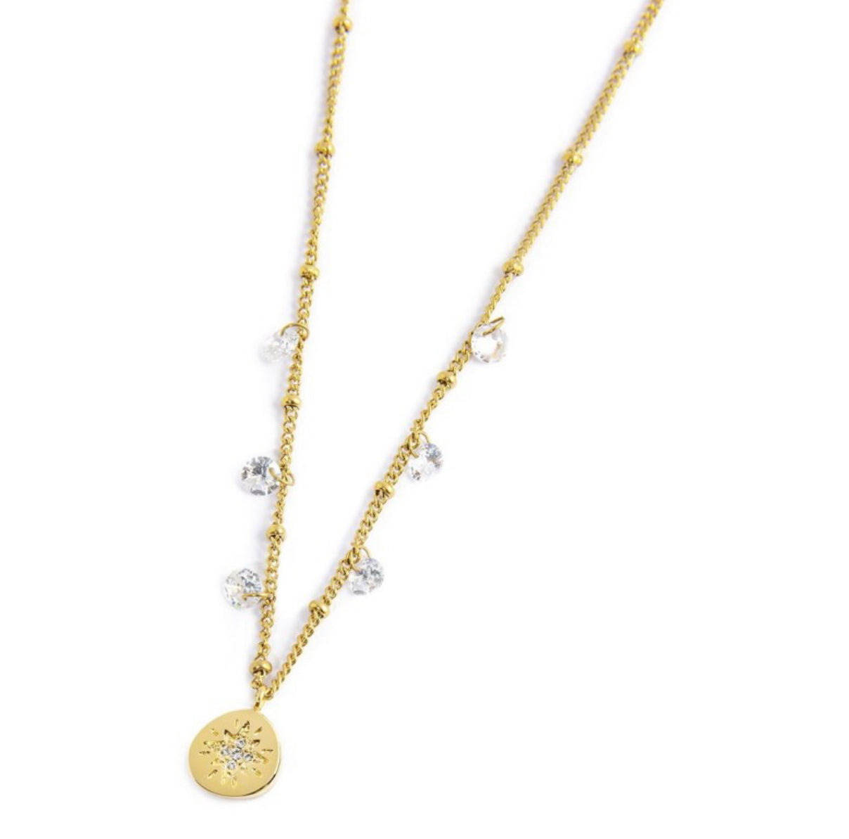 Collana Marlù donna MEDAGLIETTA PENDENTE ROSA DEI VENTI CON STRASS CATENA CON ZIRCONI E SFERE PVD ORO