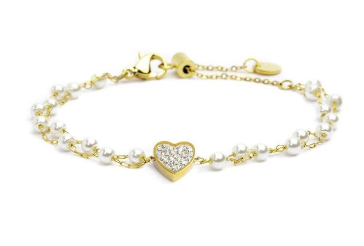 BRACCIALE MARLÙ DOPPIA CATENA PERLE CUORE CRISTALLI PVD ORO