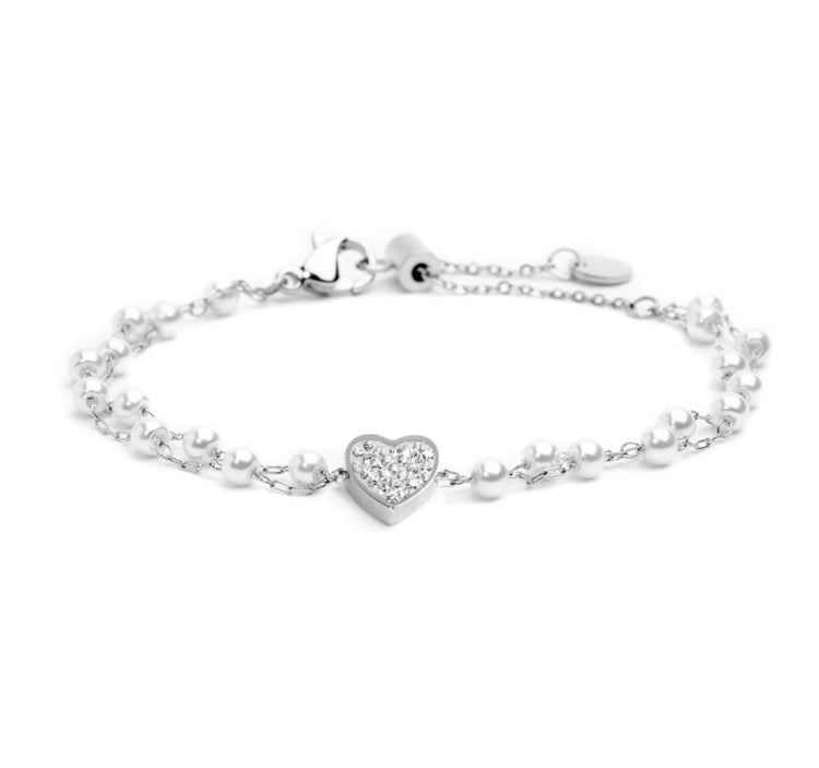 BRACCIALE MARLÙ DOPPIA CATENA PERLE CUORE CRISTALLI ACCIAIO