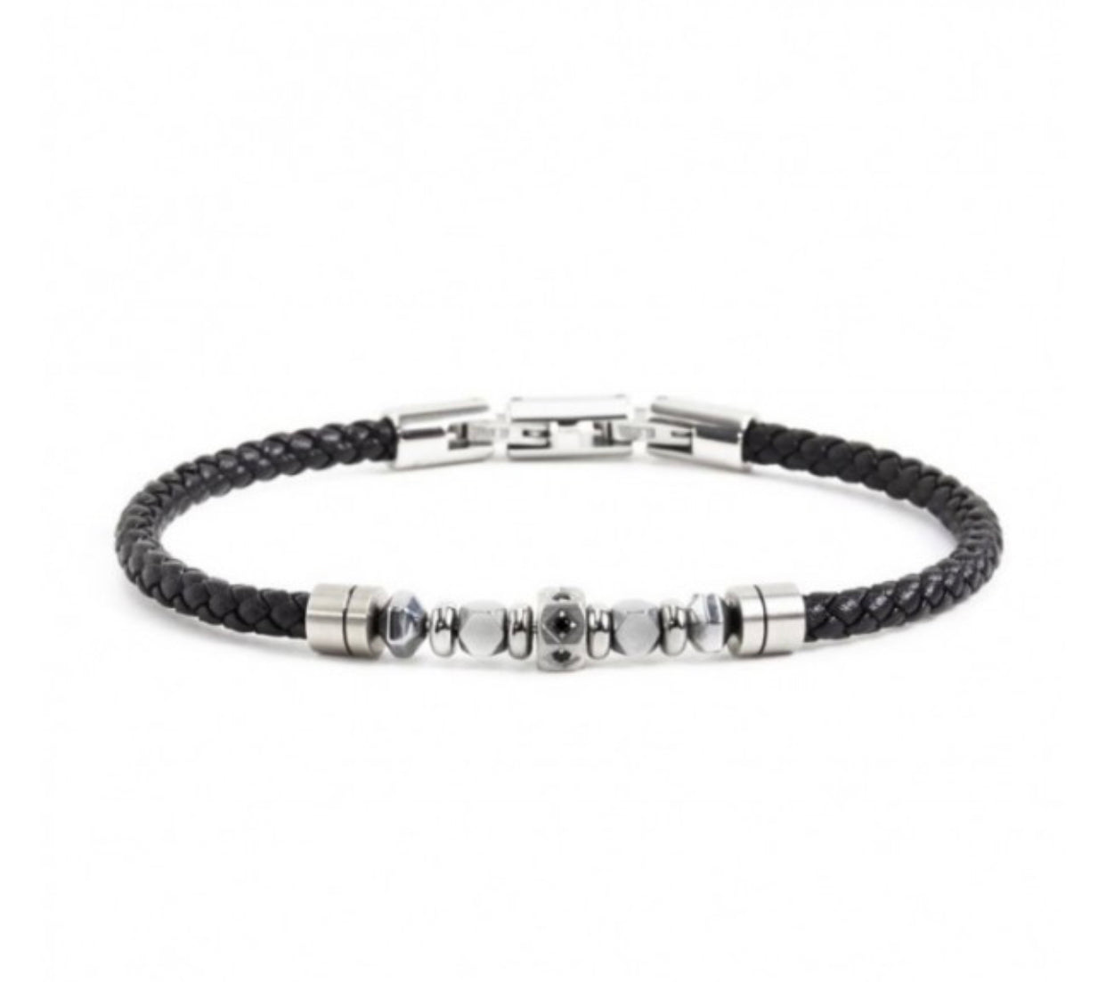 Bracciale Marlù uomo ECOPELLE NERA ELEMENTI ESAGONALI CON CRISTALLI NERI