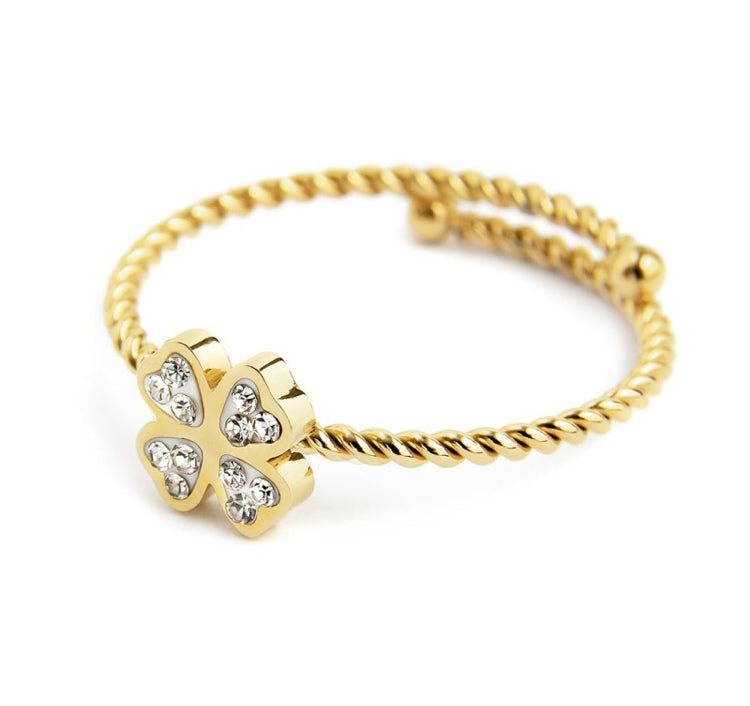 ANELLO MARLÙ DONNA QUADRIFOGLIO CON CRISTALLI BIANCHI PVD ORO