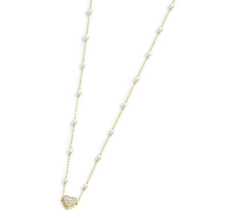 COLLANA MARLÙ CATENA CON PERLE E PENDENTE CUORE CRISTALLI PVD ORO