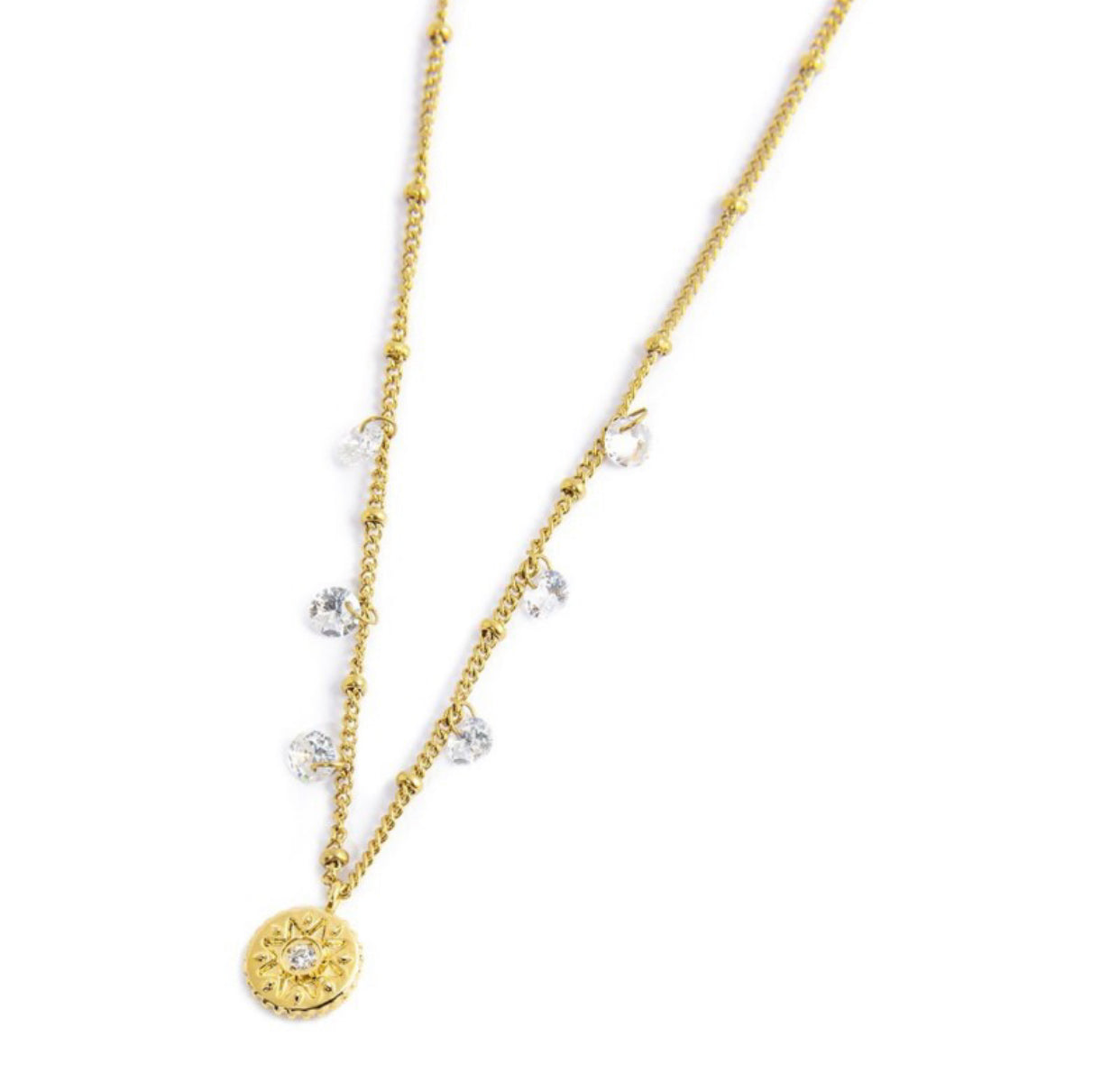 Collana Marlù donna MEDAGLIETTA PENDENTE SOLE CON ZIRCONE CATENA CON ZIRCONI E SFERE PVD ORO