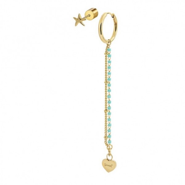 MONO ORECCHINO DONNA MARLU' MULTINDOSSO CERCHIO CON DOPPIA CATENA MIYUKI TURCHESI PVD ORO