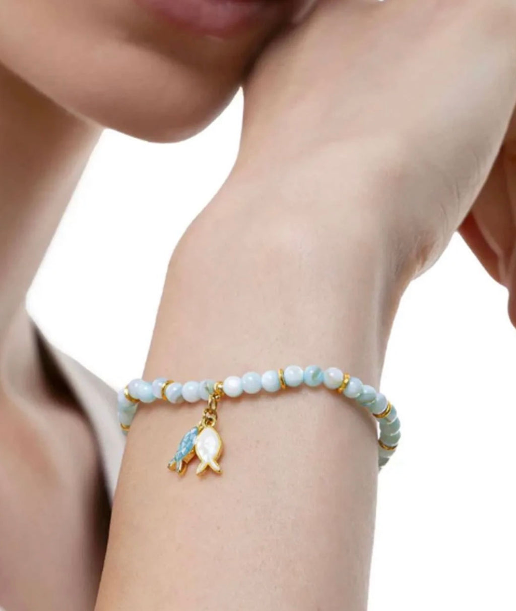 Bracciale elastico Vestopazzo Sfere madreperla azzurra e pesciolini