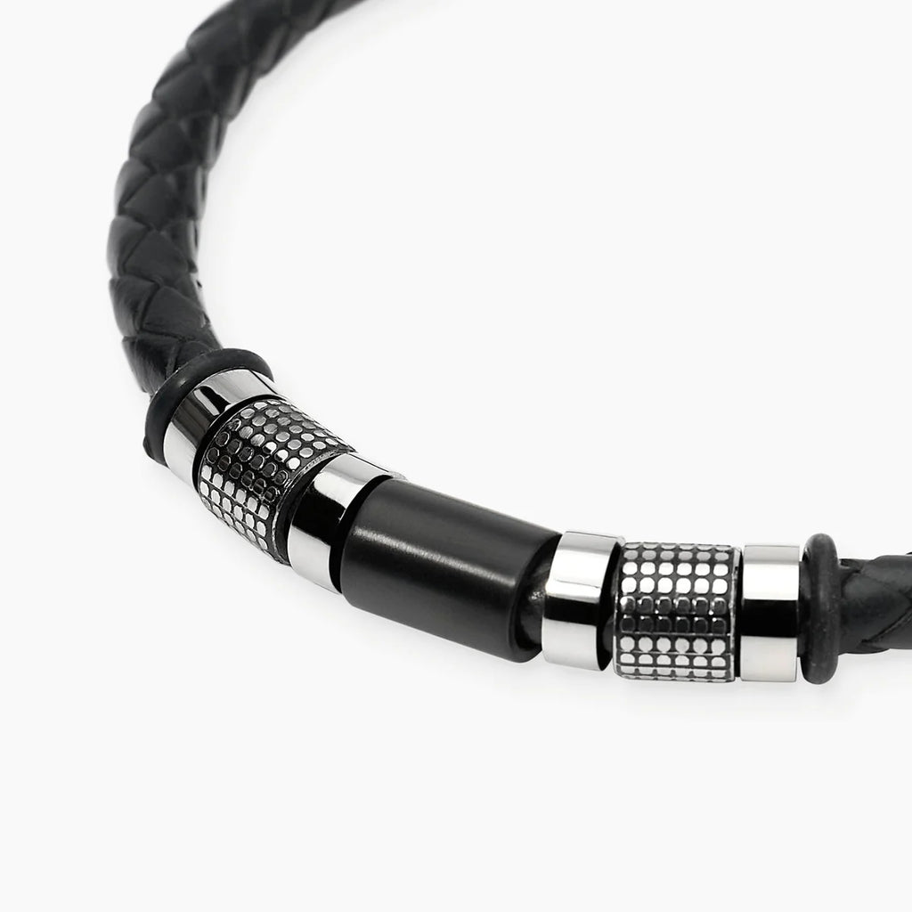 Bracciale Kidult uomo in lab leather nera e cilindri borchiati