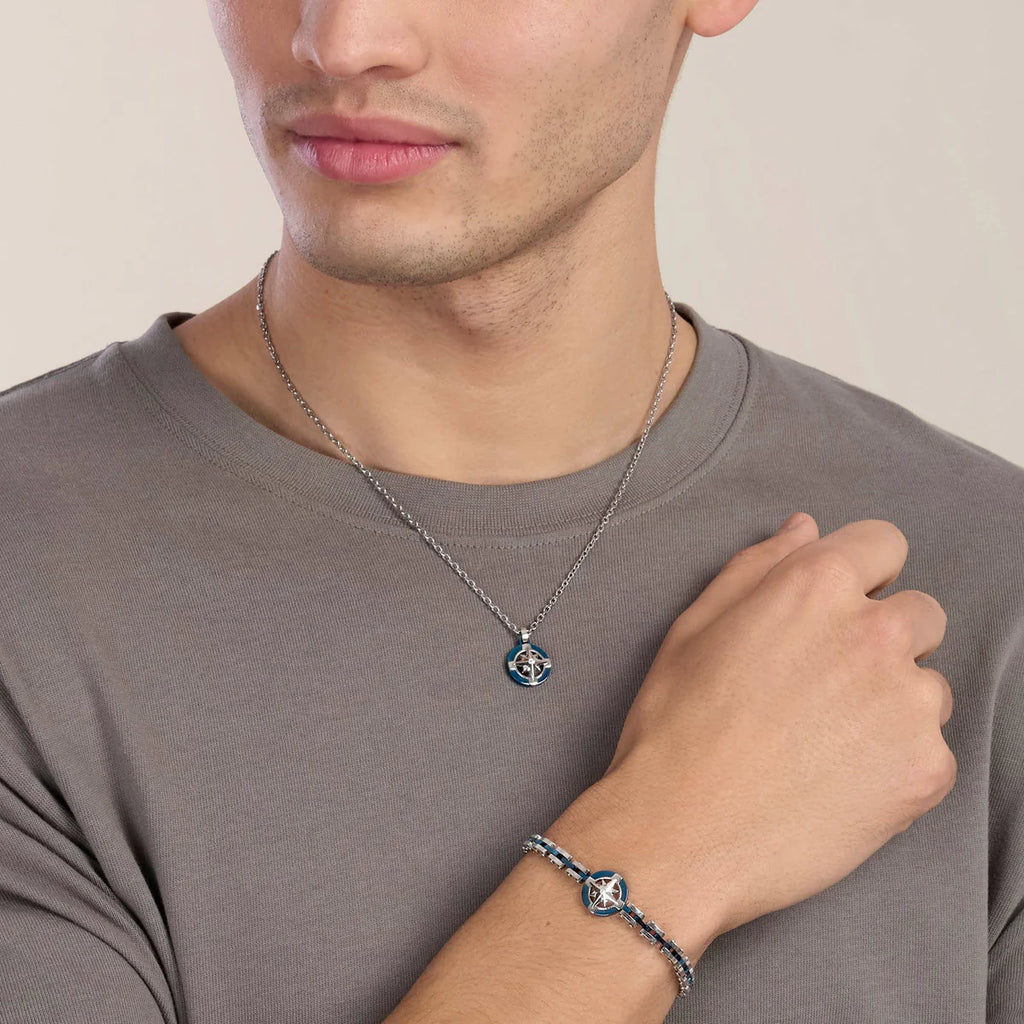 Collana Kidult uomo in acciaio con ciondolo rosa dei venti in acciaio e blu