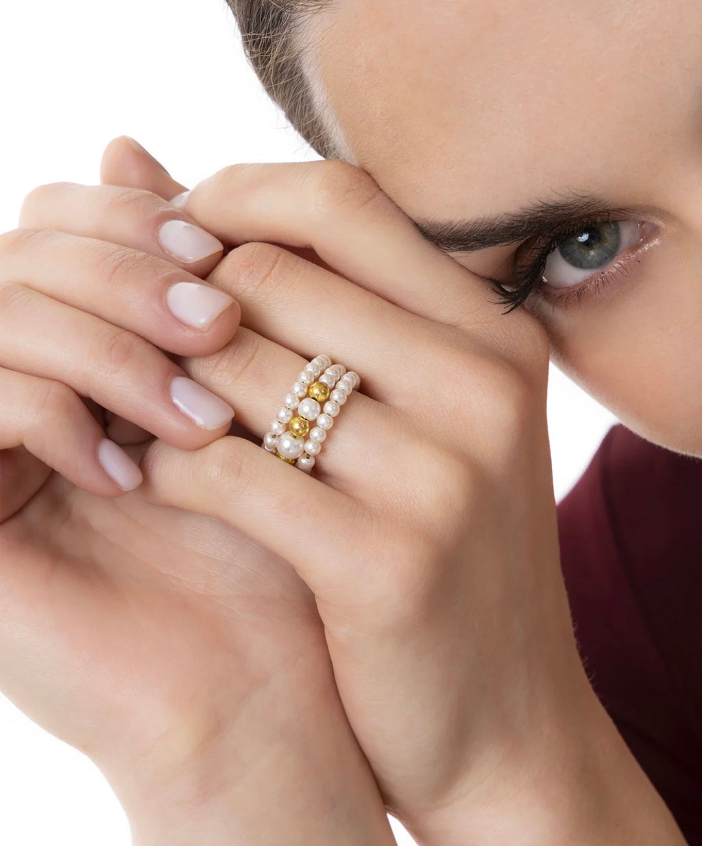 Anello Vestopazzo donna regolabile fascia a fisarmonica con 3 righe di perle