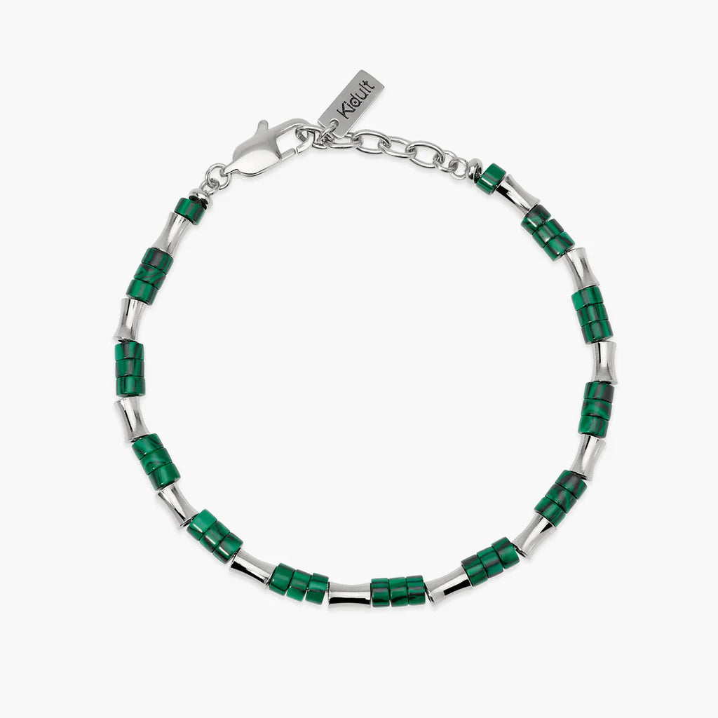 Bracciale Kidult Style uomo con elementi bambù in acciaio e malachite sintetica