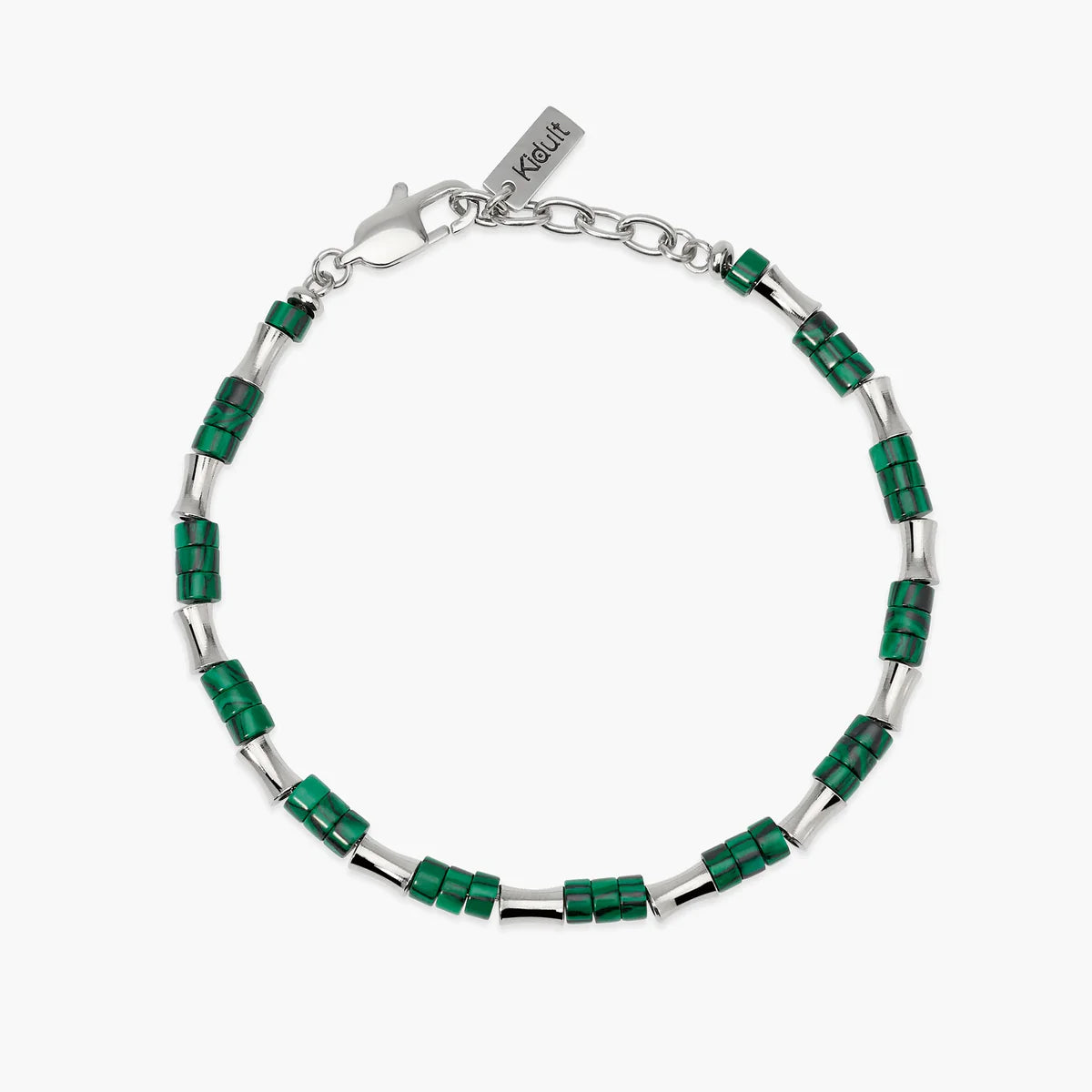 Bracciale Kidult Style uomo con elementi bambù in acciaio e malachite sintetica