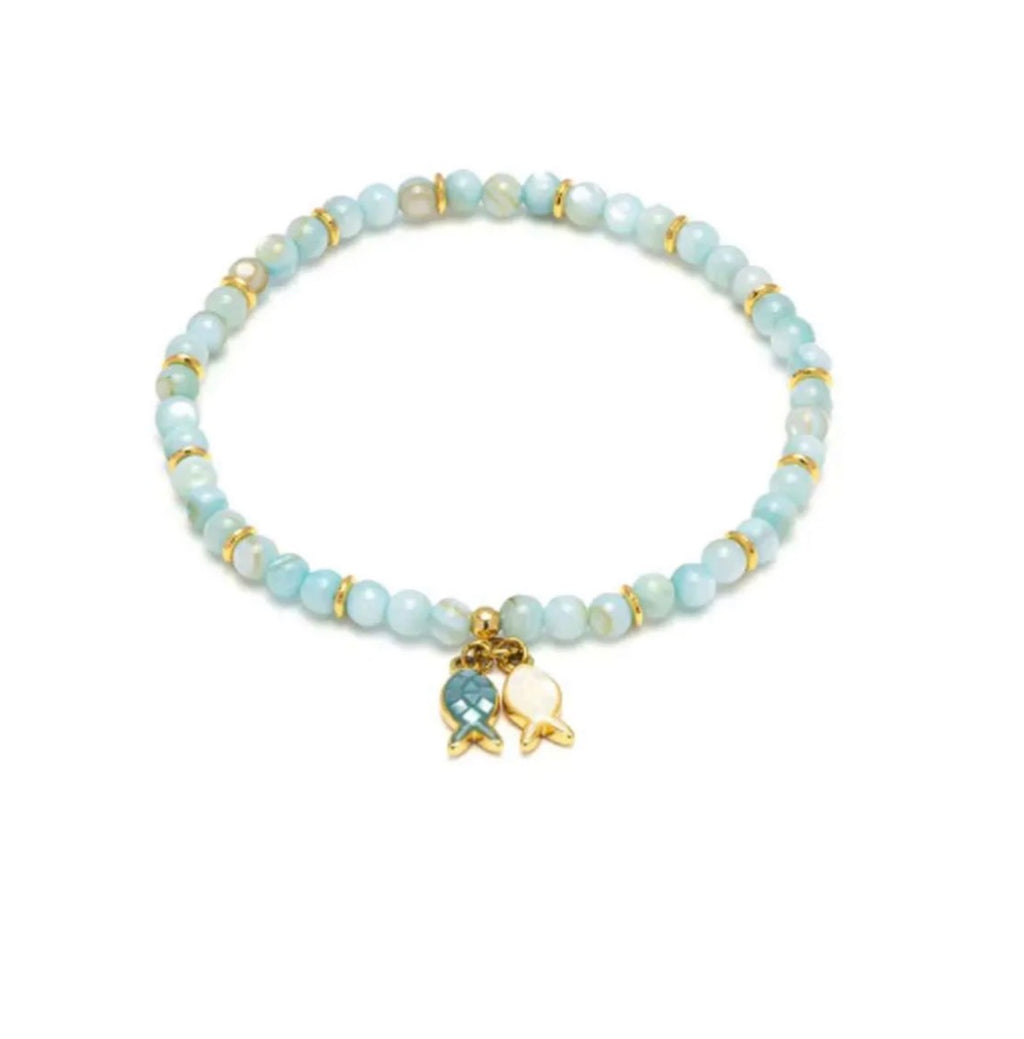 Bracciale elastico Vestopazzo Sfere madreperla azzurra e pesciolini
