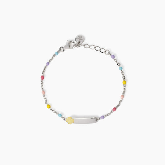 Bracciale Mabina Junior Bimba Multicolor con quadrifoglio oro e targhetta incidibile
