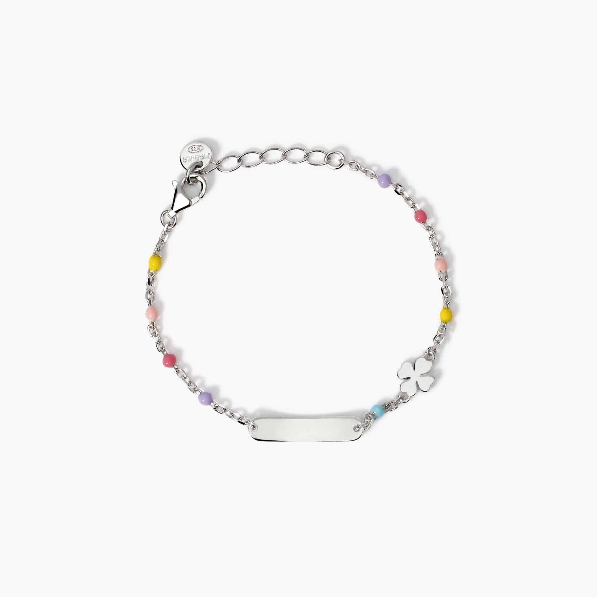 Bracciale Mabina Junior Bimba Multicolor con quadrifoglio e targhetta incidibile