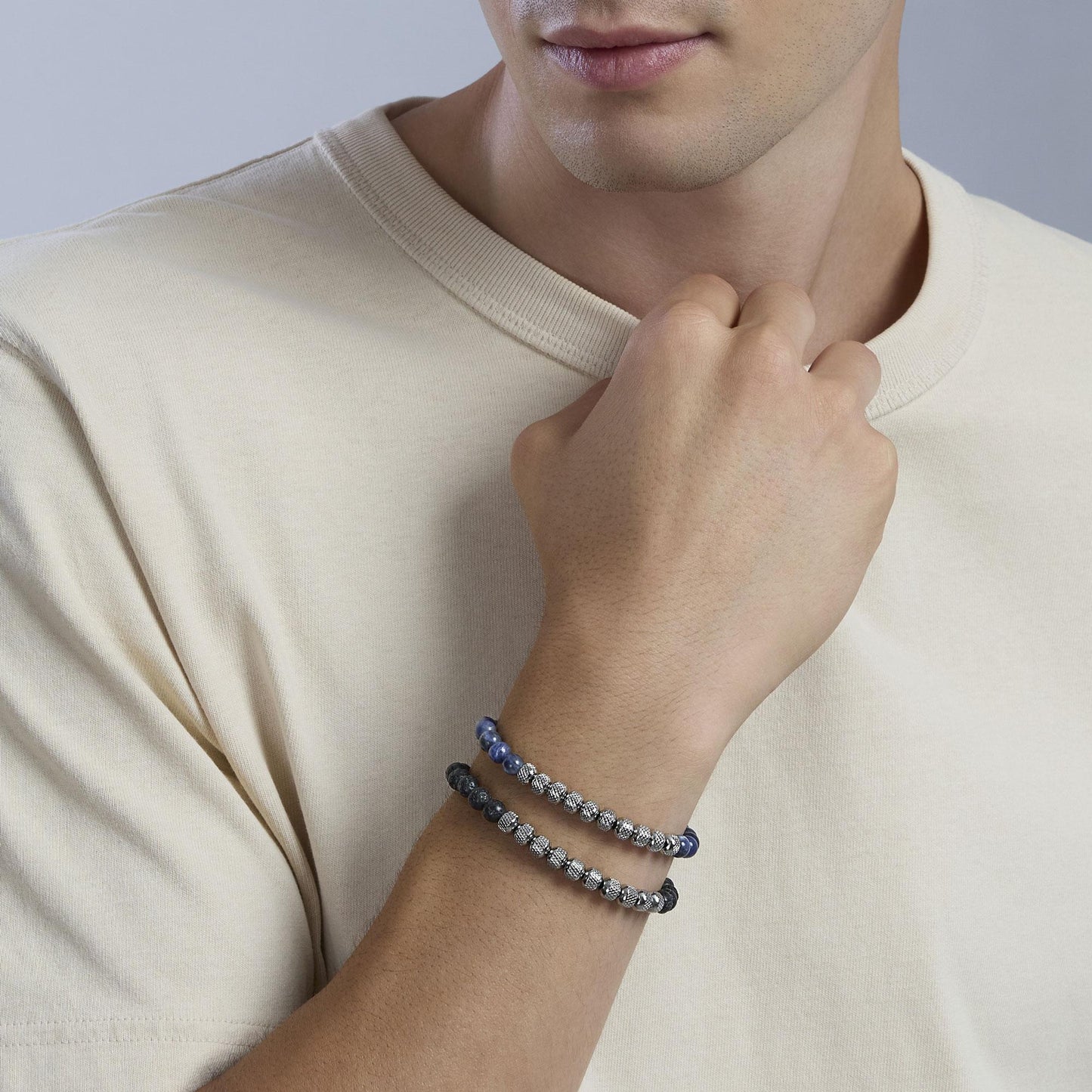 Bracciale Kidult Style uomo Sodalite blu e pepite in acciaio