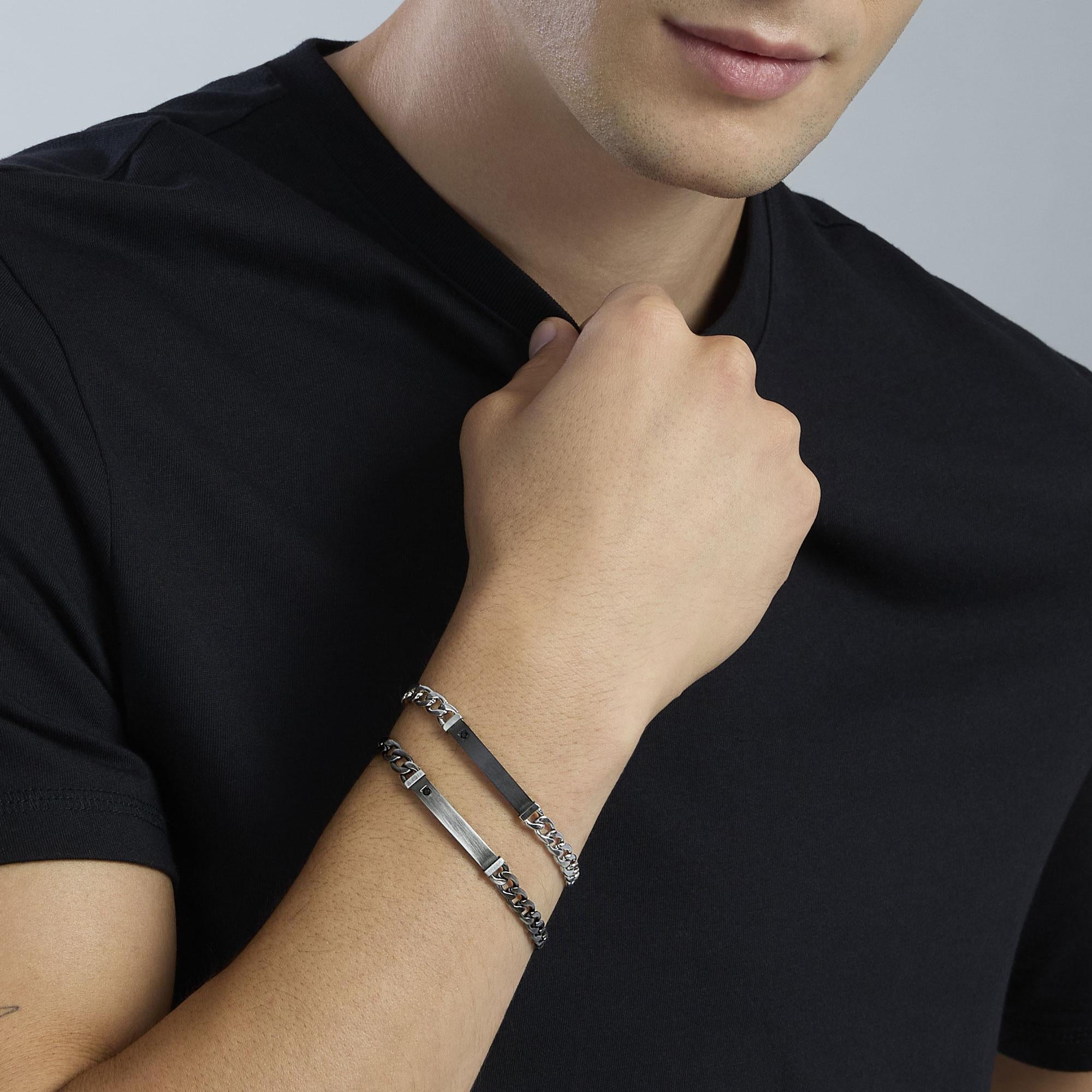 Bracciale Kidult Style uomo Piastrina in acciaio spazzolato gunmetal e cristallino