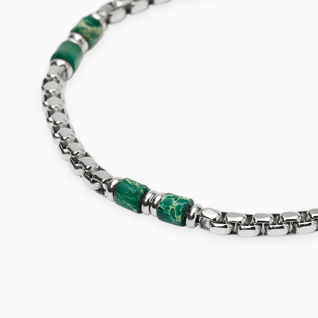 Bracciale Kidult uomo con catena veneta e cilindri in diaspro verde