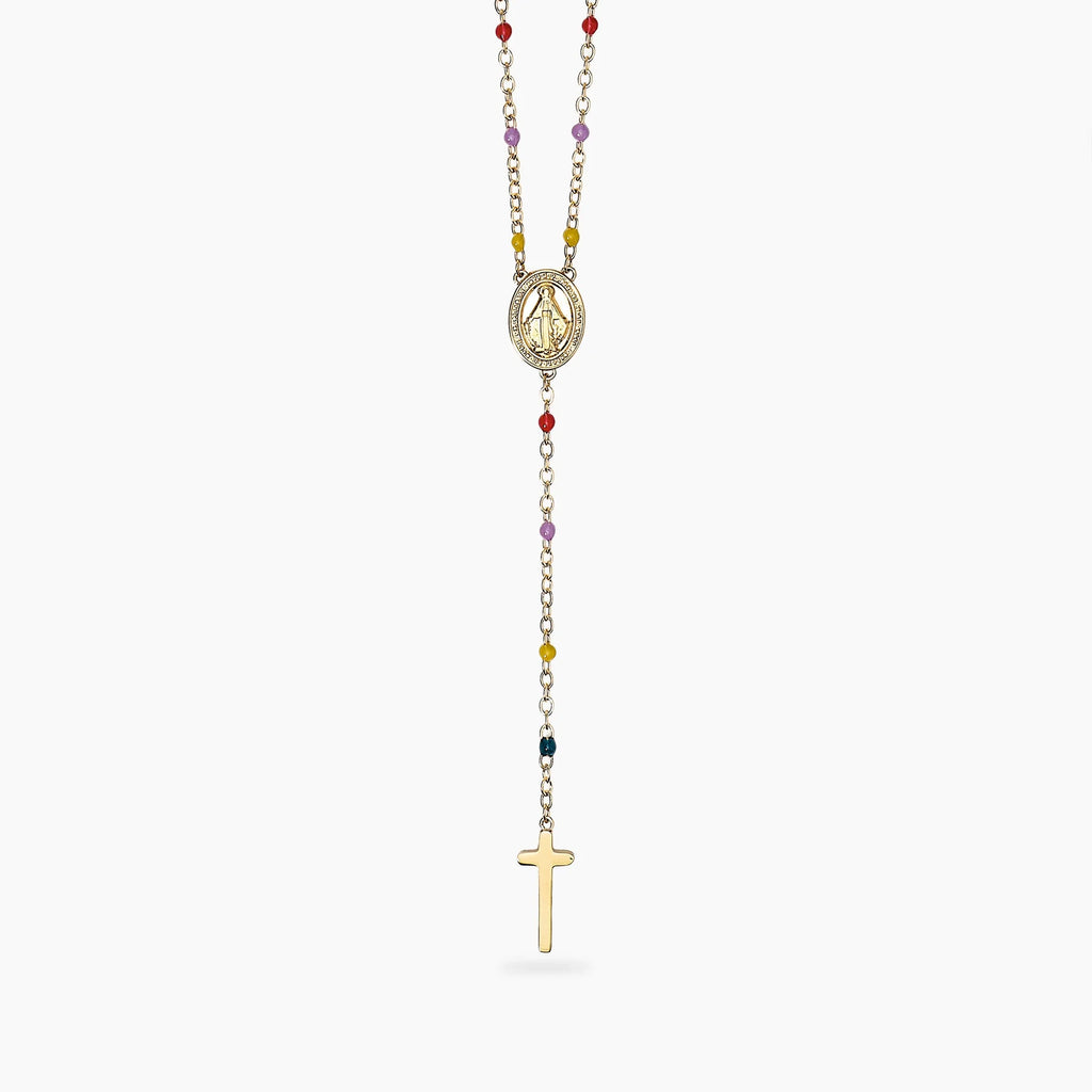 Collana Kidult donna dorata multicolor con Madonnina e pendente croce