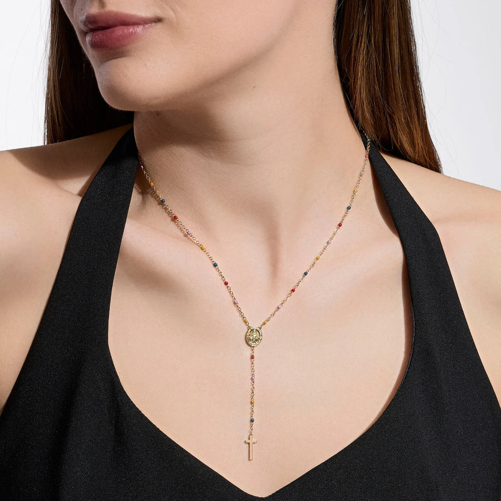 Collana Kidult donna dorata multicolor con Madonnina e pendente croce