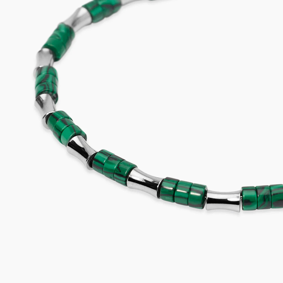 Bracciale Kidult Style uomo con elementi bambù in acciaio e malachite sintetica