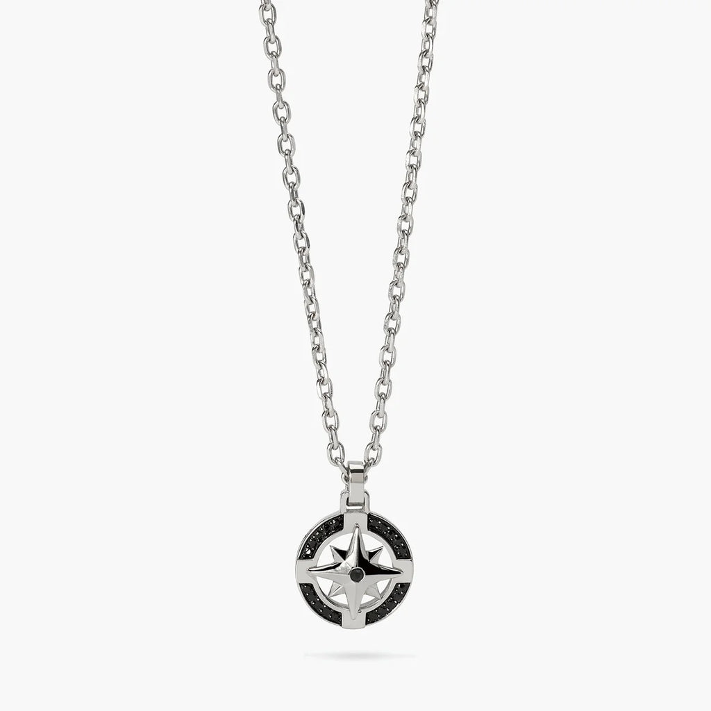 Collana Kidult uomo in acciaio con ciondolo rosa dei venti in acciaio e nero