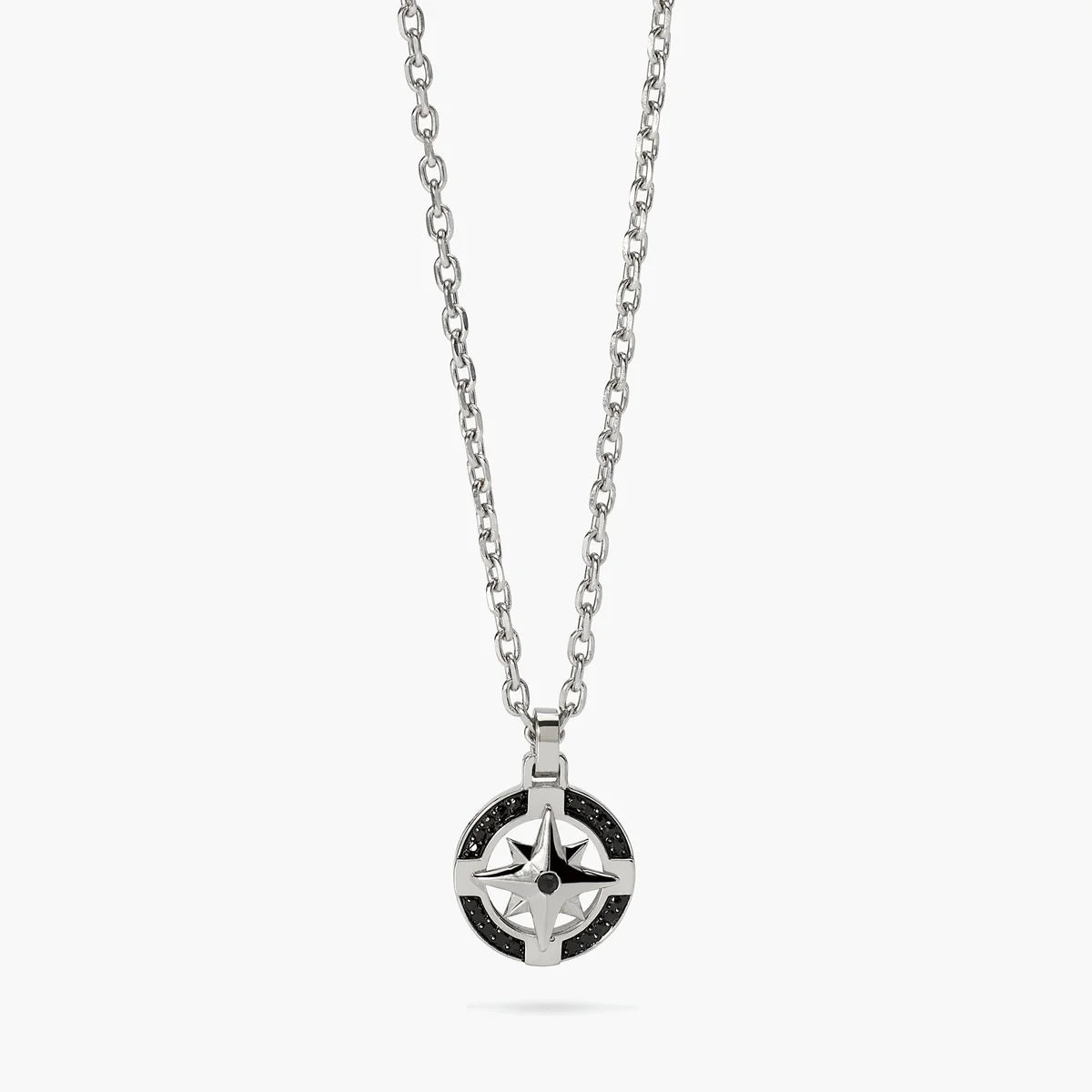 Collana Kidult uomo in acciaio con ciondolo rosa dei venti in acciaio e nero
