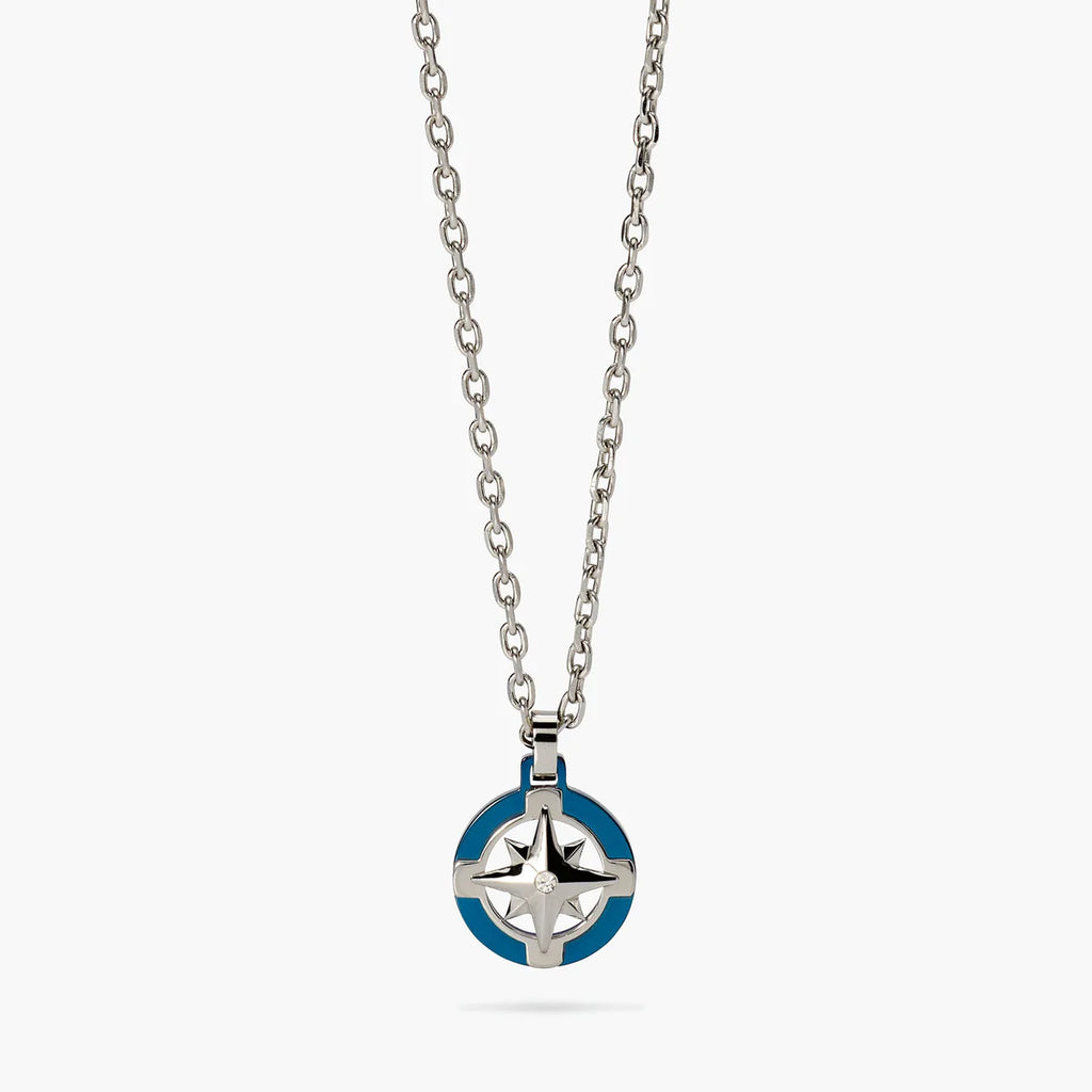 Collana Kidult uomo in acciaio con ciondolo rosa dei venti in acciaio e blu