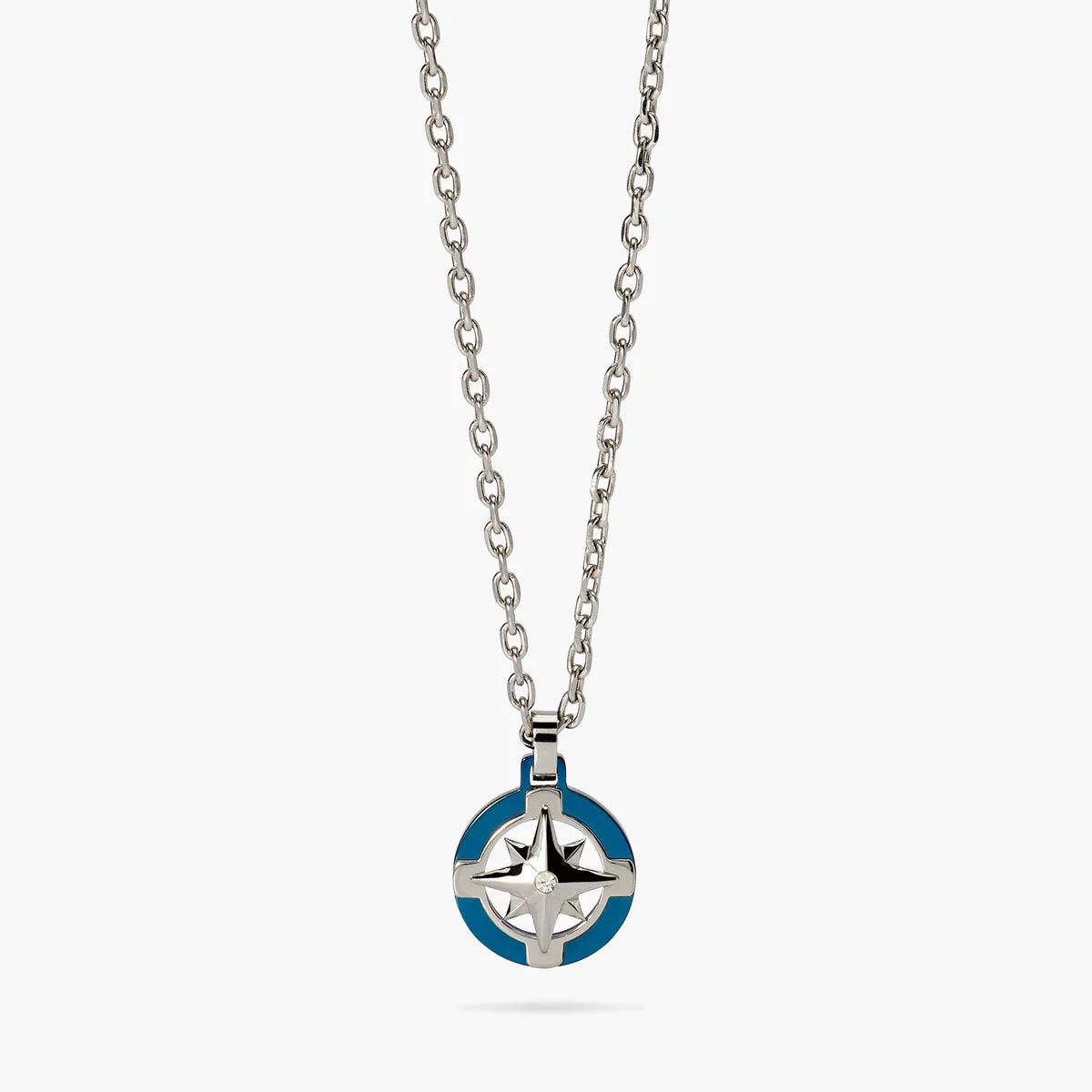 Collana Kidult uomo in acciaio con ciondolo rosa dei venti in acciaio e blu