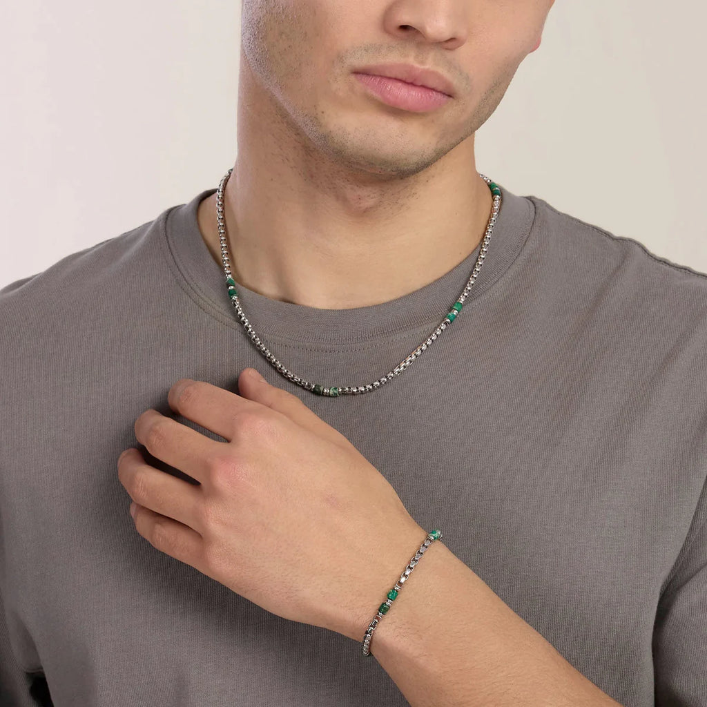 Bracciale Kidult uomo con catena veneta e cilindri in diaspro verde