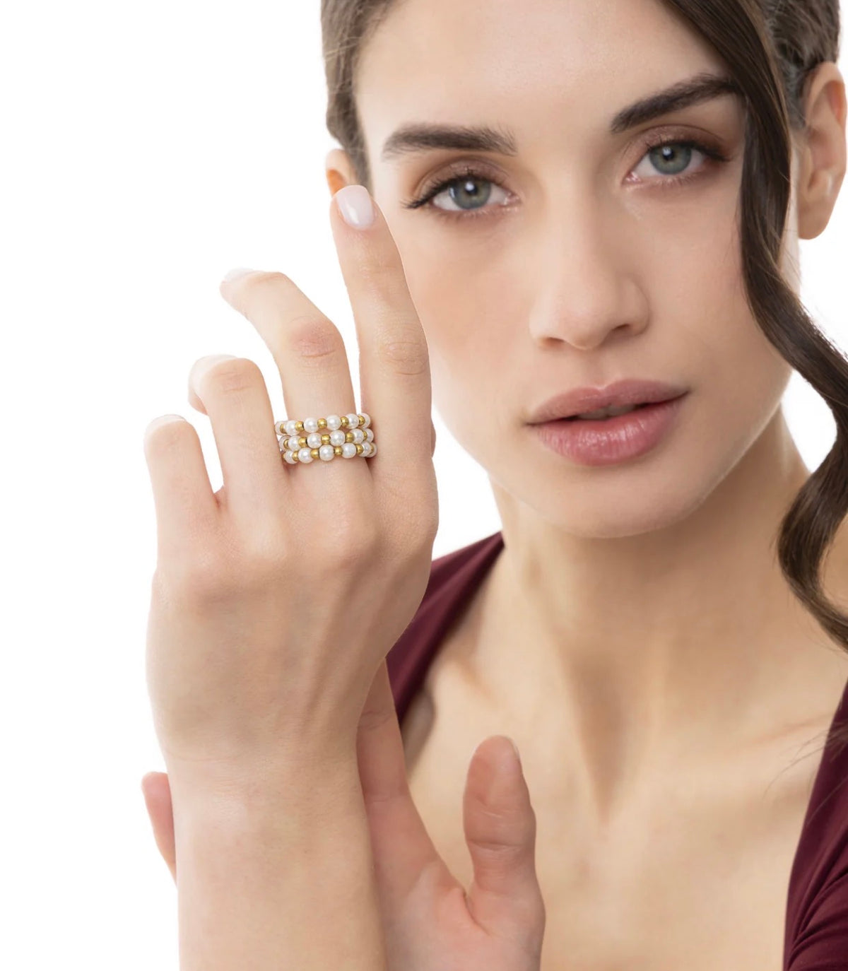 Anello Vestopazzo donna regolabile fascia a fisarmonica con 3 giri di perle