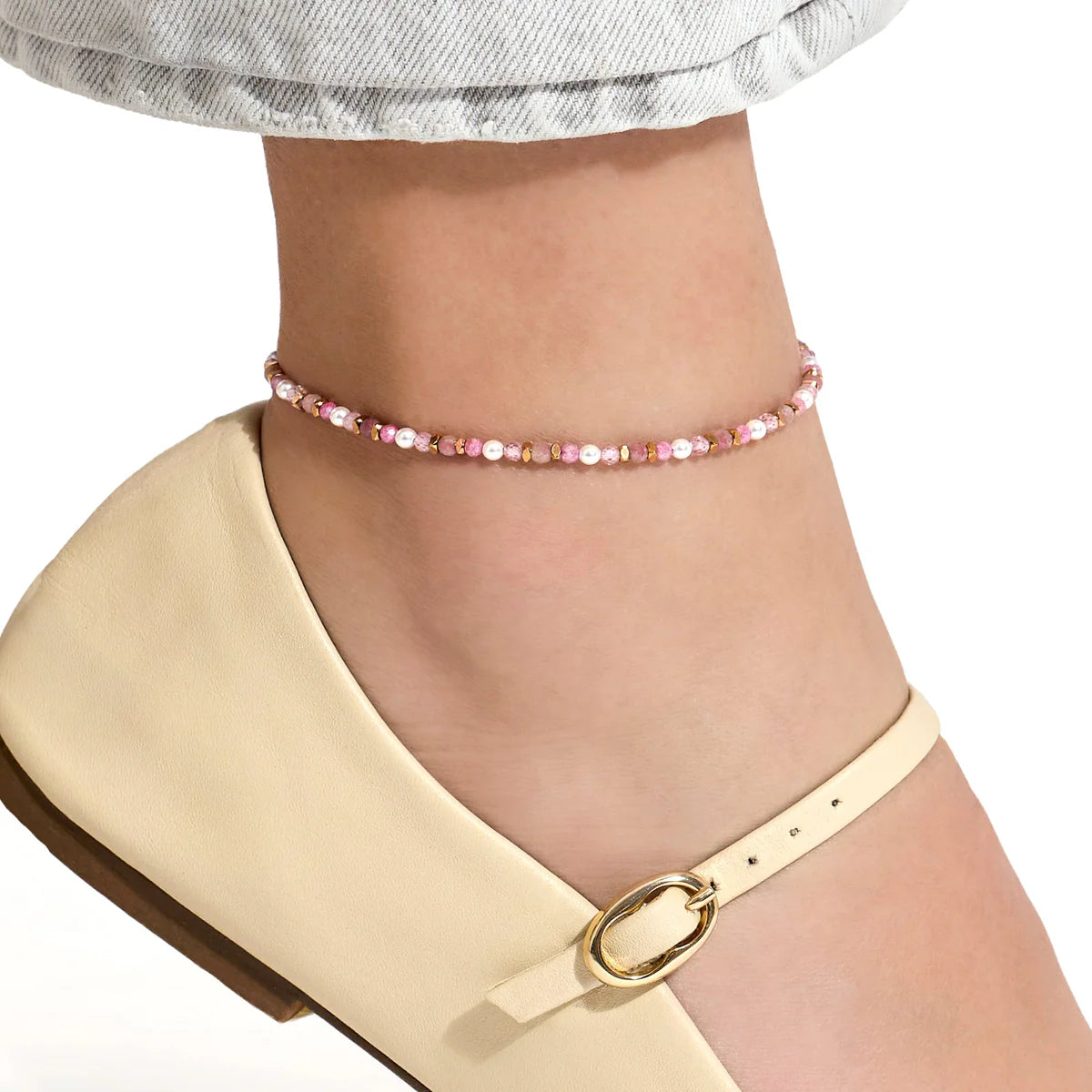 Cavigliera donna Kidult con perle conchiglia e pietre rosa