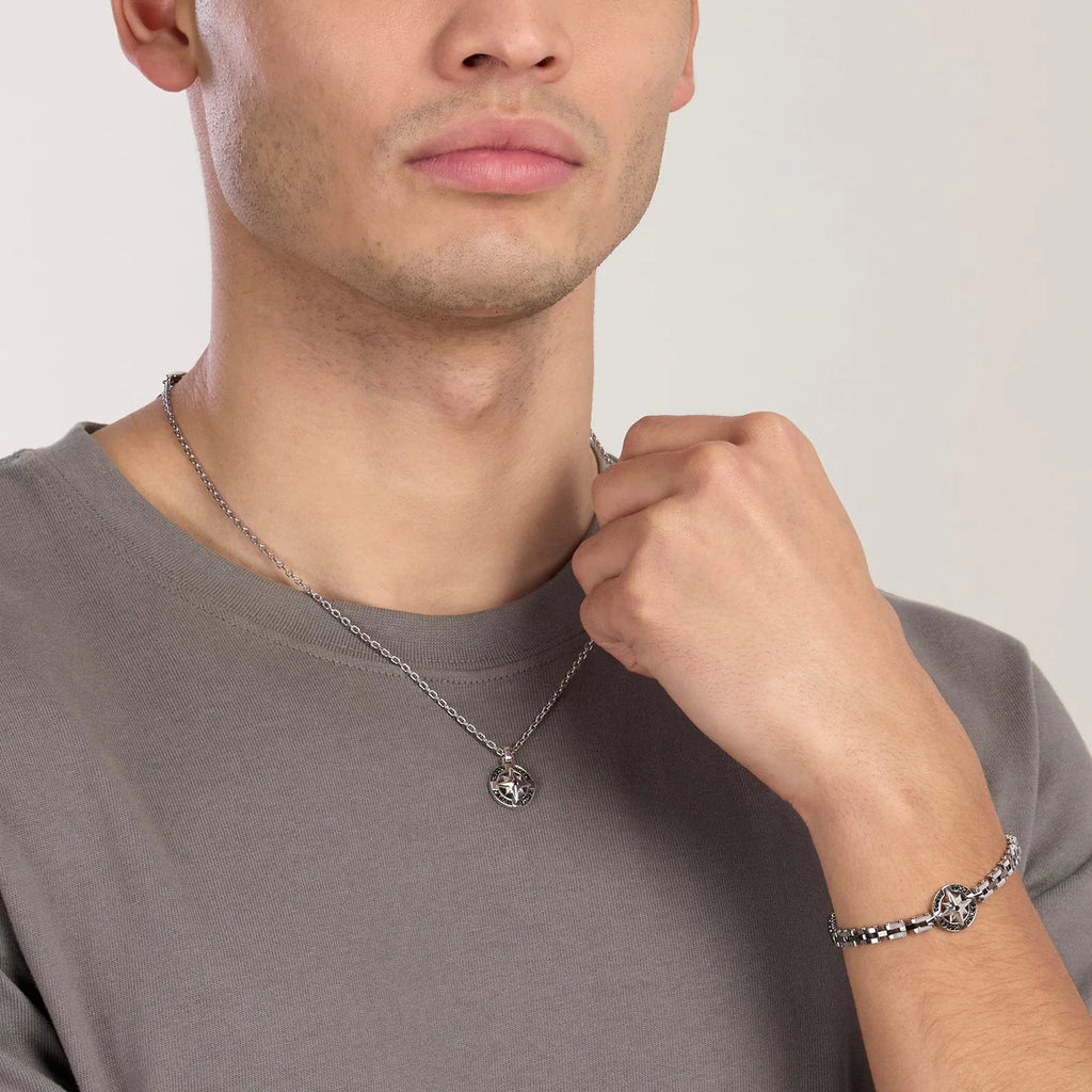 Collana Kidult uomo in acciaio con ciondolo rosa dei venti in acciaio e nero
