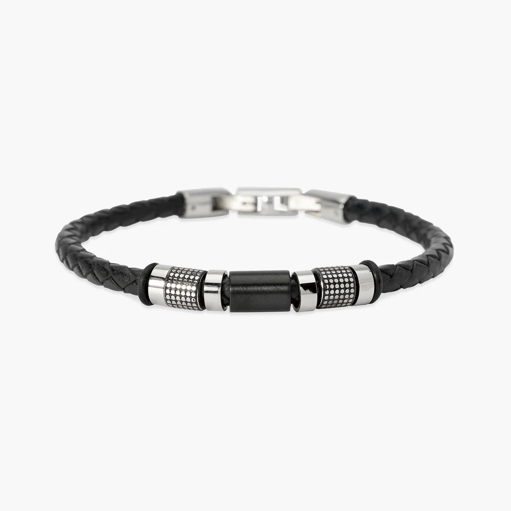 Bracciale Kidult uomo in lab leather nera e cilindri borchiati