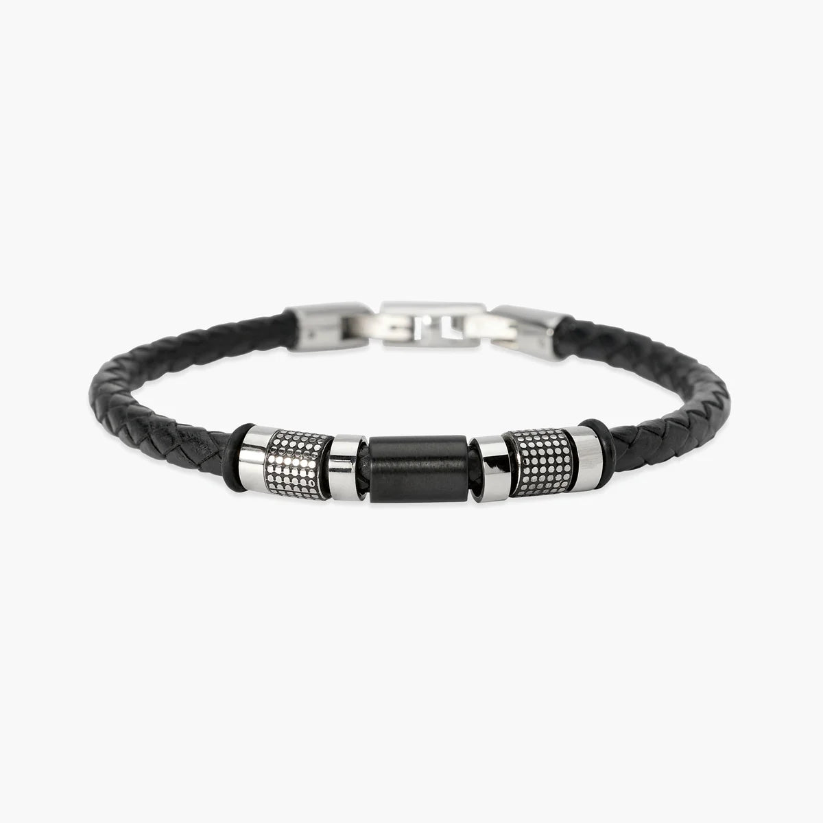 Bracciale Kidult uomo in lab leather nera e cilindri borchiati