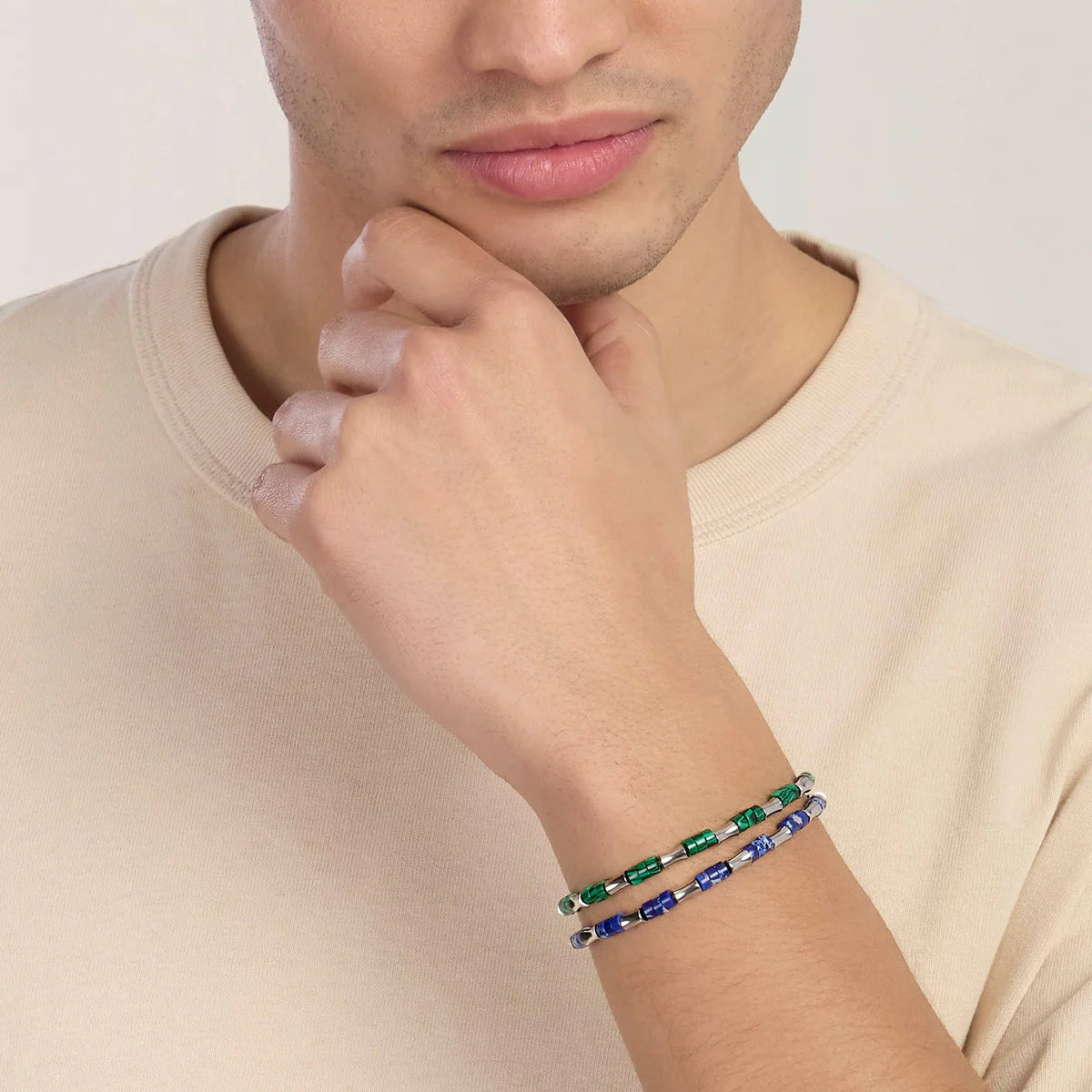 Bracciale Kidult Style uomo con elementi bambù in acciaio e malachite sintetica