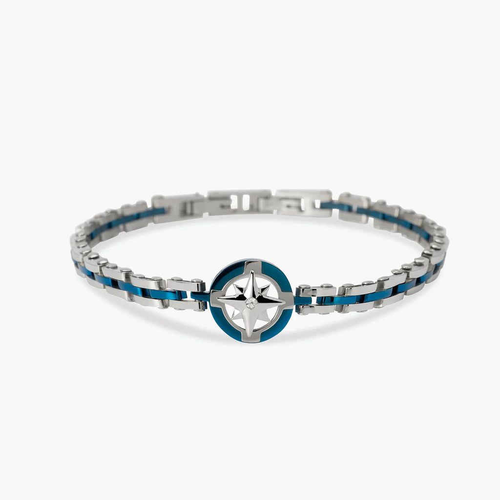 Bracciale Kidult uomo   con maglia in acciaio e blu e rosa dei venti centrale